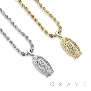 GEM PAVED LADY OF GUADALUPE HIP HOP BLING ALLOY PENDANT WITH CHAIN