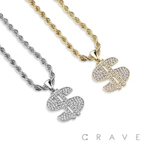 GEM PAVED DOLLAR SIGN HIP HOP BLING ALLOY PENDANT WITH CHAIN