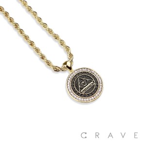 GEM PAVED ALL-SEEING EYE HIP HOP BLING ALLOY PENDANT WITH CHAIN