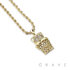 GEM PAVED BASKETBALL HOOP HIP HOP BLING ALLOY PENDANT WITH CHAIN