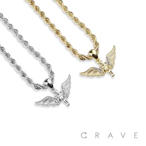 GEM PAVED GUARDIAN ANGEL HIP HOP BLING ALLOY PENDANT WITH CHAIN