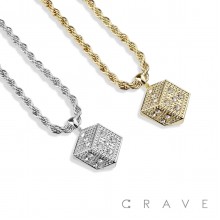 GEM PAVED DICE HIP HOP BLING ALLOY PENDANT WITH CHAIN