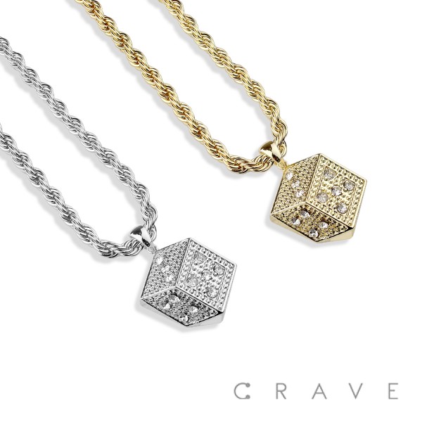 GEM PAVED DICE HIP HOP BLING ALLOY PENDANT WITH CHAIN