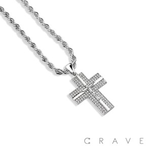 GEM PAVED JESUS CROSS HIP HOP BLING ALLOY PENDANT WITH CHAIN