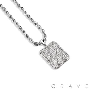 GEM PAVED SQUARE TAG HIP HOP BLING ALLOY PENDANT WITH CHAIN