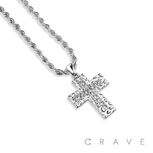 GEM PAVED CROSS HIP HOP BLING ALLOY PENDANT WITH CHAIN