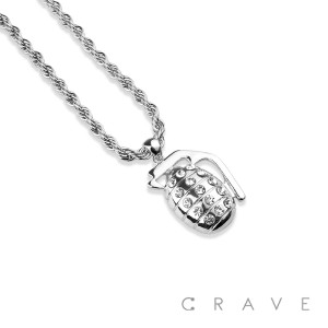 GEM PAVED GRENADE HIP HOP BLING ALLOY PENDANT WITH CHAIN