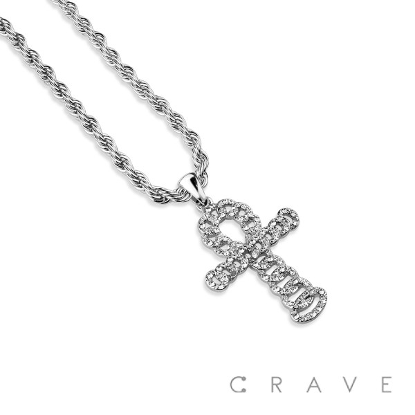 GEM PAVED ANKH CROSS HIP HOP BLING ALLOY PENDANT WITH CHAIN