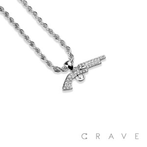 GEM PAVED SHOTGUN HIP HOP BLING ALLOY PENDANT WITH CHAIN