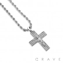 GEM PAVED JESUS CROSS HIP HOP BLING ALLOY PENDANT WITH CHAIN