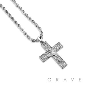 GEM PAVED JESUS CROSS HIP HOP BLING ALLOY PENDANT WITH CHAIN