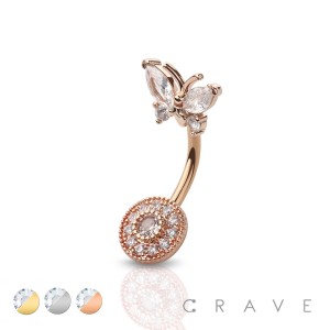 CZ BUTTERFLY WITH ROUND CZ TOP 316L SURGICAL STEEL NAVEL RING