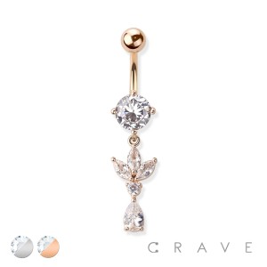 GEM PAVED LEAF 316L SURGICAL STEEL TEARDROP PRONG LOOP DANGLE NAVEL RING