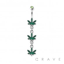 TRIPLE MARIJUANA LEAF DANGLE 316L SURGICAL STEEL NAVEL RING