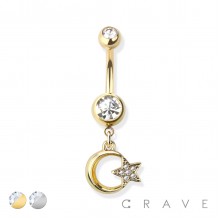 MOON AND STAR 316L SURGICAL STEEL NAVEL RING