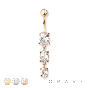 PRONG SET TRIPLE OVAL GEM CASCADE DANGLE CZ 316L SURGICAL STEEL NAVEL RING