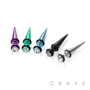 PVD PLATED 316L SURGICAL STEEL FAUX TAPER WITH O-RINGS CLEAR GEM