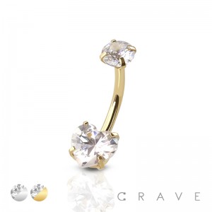 DOUBLE PRONG SET HEART CZ 316L SURGICAL STEEL NON DANGLE BELLY RING