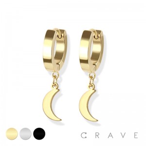 PAIR OF STAINLESS STEEL UNISEX MINI HOOP EARRING W/ CRESCENT MOON DANGLE