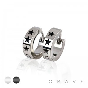 PAIR OF 316L STAINLESS STEEL HUGGIE/HOOP EARRINGS WITH TRIPLE STAR LASER PRINT