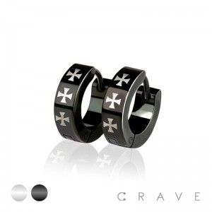 PAIR OF 316L STAINLESS STEEL HUGGIE/HOOP EARRINGS WITH TRIPLE CROSS LASER PRINT