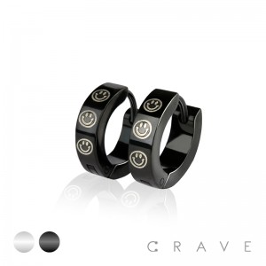 PAIR OF 316L STAINLESS STEEL HUGGIE/HOOP EARRINGS WITH TRIPLE SMILE LASER PRINT