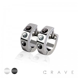 PAIR OF 316L STAINLESS STEEL HUGGIE/HOOP EARRINGS WITH TRIPLE YING YANG LASER PRINT