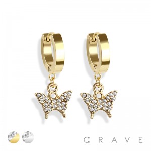 PAIR OF 316L STAINLESS STEEL HUGGIE/HOOP EARRINGS WITH ALLOY CZ PAVED BUTTERFLY DANGLE