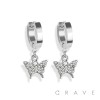 PAIR OF 316L STAINLESS STEEL HUGGIE/HOOP EARRINGS WITH ALLOY CZ PAVED BUTTERFLY DANGLE