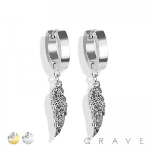 PAIR OF STAINLESS STEEL HUGGIE/HOOP EARRINGS WITH ALLOY CZ PAVED ANGEL WING