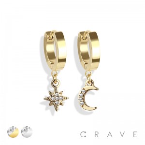 PAIR OF STAINLESS STEEL HUGGIE/HOOP EARRINGS WITH ALLOY CZ PAVED MOON AND STAR DANGLE