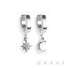 PAIR OF STAINLESS STEEL HUGGIE/HOOP EARRINGS WITH ALLOY CZ PAVED MOON AND STAR DANGLE
