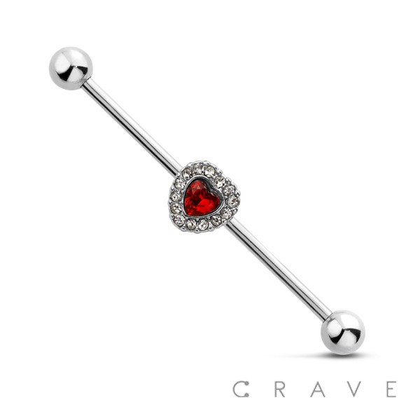CZ PAVED HEART CENTER 316L SURGICAL STEEL INDUSTRIAL BARBELL
