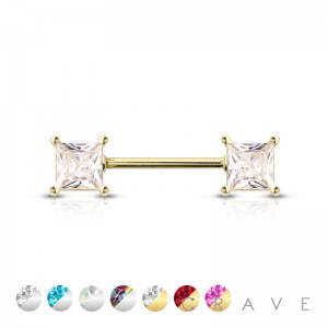 SQUARE CZ PRONG SET 316L SURGICAL STEEL NIPPLE BAR