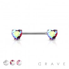 THREADLESS 316L SURGICAL STEEL PUSH IN NIPPLE BARBELL WITH PRONG SET HEART CZ ENDS