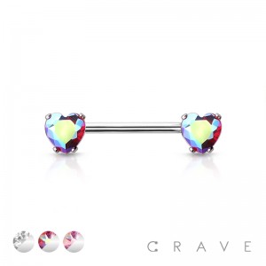 THREADLESS 316L SURGICAL STEEL PUSH IN NIPPLE BARBELL WITH PRONG SET HEART CZ ENDS