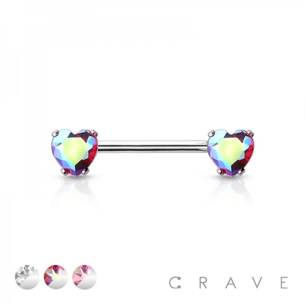 THREADLESS 316L SURGICAL STEEL PUSH IN NIPPLE BARBELL WITH PRONG SET HEART CZ ENDS