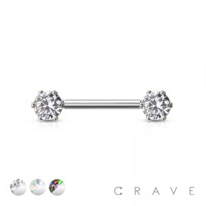 THREADLESS 316L SURGICAL STEEL PUSH IN NIPPLE BARBELL WITH PRONG SET ROUND CZ ENDS