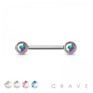 THREADLESS 316L SURGICAL STEEL PUSH IN  NIPPLE BARBELL WITH CZ BEZEL SET FRONT FACING FLAT TOP ENDS