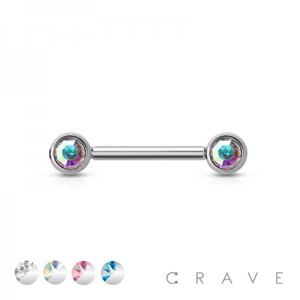 THREADLESS 316L SURGICAL STEEL PUSH IN  NIPPLE BARBELL WITH CZ BEZEL SET FRONT FACING FLAT TOP ENDS