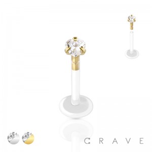 FLAT BIO FLEX LABRET WITH 316L SURGICAL STEEL TOP PUSH IN HEART CZ PRONG SET