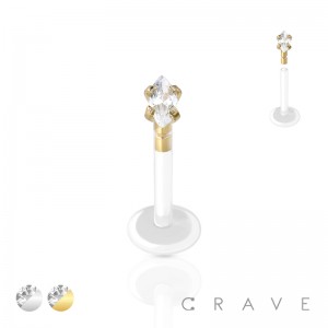 FLAT BIO FLEX LABRET WITH 316L SURGICAL STEEL TOP PUSH IN MARQUISE CZ PRONG SET