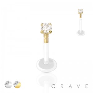 FLAT BIO FLEX LABRET WITH 316L SURGICAL STEEL TOP PUSH IN ROUND CZ PRONG SET