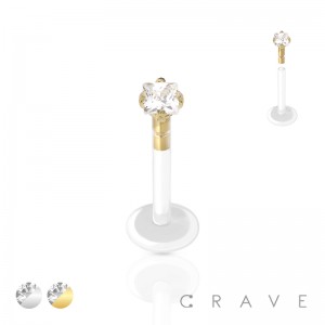 FLAT BIO FLEX LABRET WITH 316L SURGICAL STEEL TOP PUSH IN SQUARE CZ PRONG SET