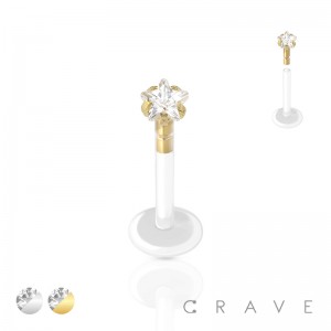 FLAT BIO FLEX LABRET WITH 316L SURGICAL STEEL TOP PUSH IN STAR CZ PRONG SET