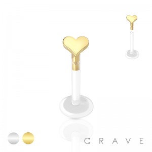 FLAT BIO FLEX LABRET WITH 316L SURGICAL STEEL HEART SHAPE TOP PUSH IN 
