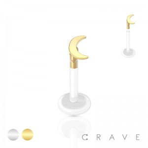 FLAT BIO FLEX LABRET WITH 316L SURGICAL STEEL CRESCENT MOON SHAPE TOP PUSH IN 