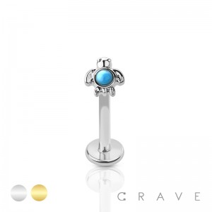 INTERNALLY THREADED TURQUOISE SEA TURTLE TOP 316L SURGICAL STEEL LABRET STUD (SUMMER)(ANIMAL)