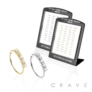 48PCS OF 5 CRYSTAL LINED 925 STERLING SILVER NOSE HOOP O-RING L-STAND