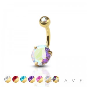 GOLD PLATED DOUBLE GEM PRONG SET ROUND CZ 316L SURGICAL STEEL NON DANGLE BELLY RING